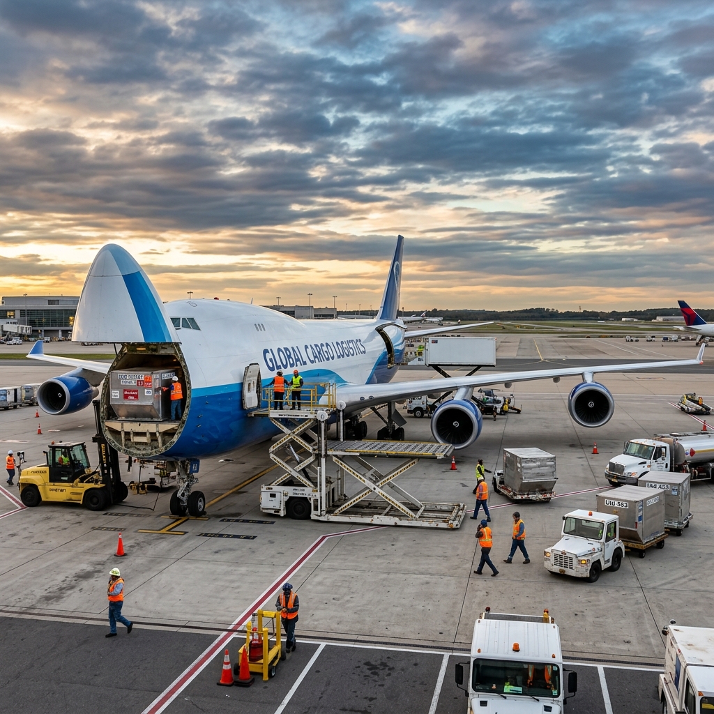 Cargo aircraft loading on tarmac